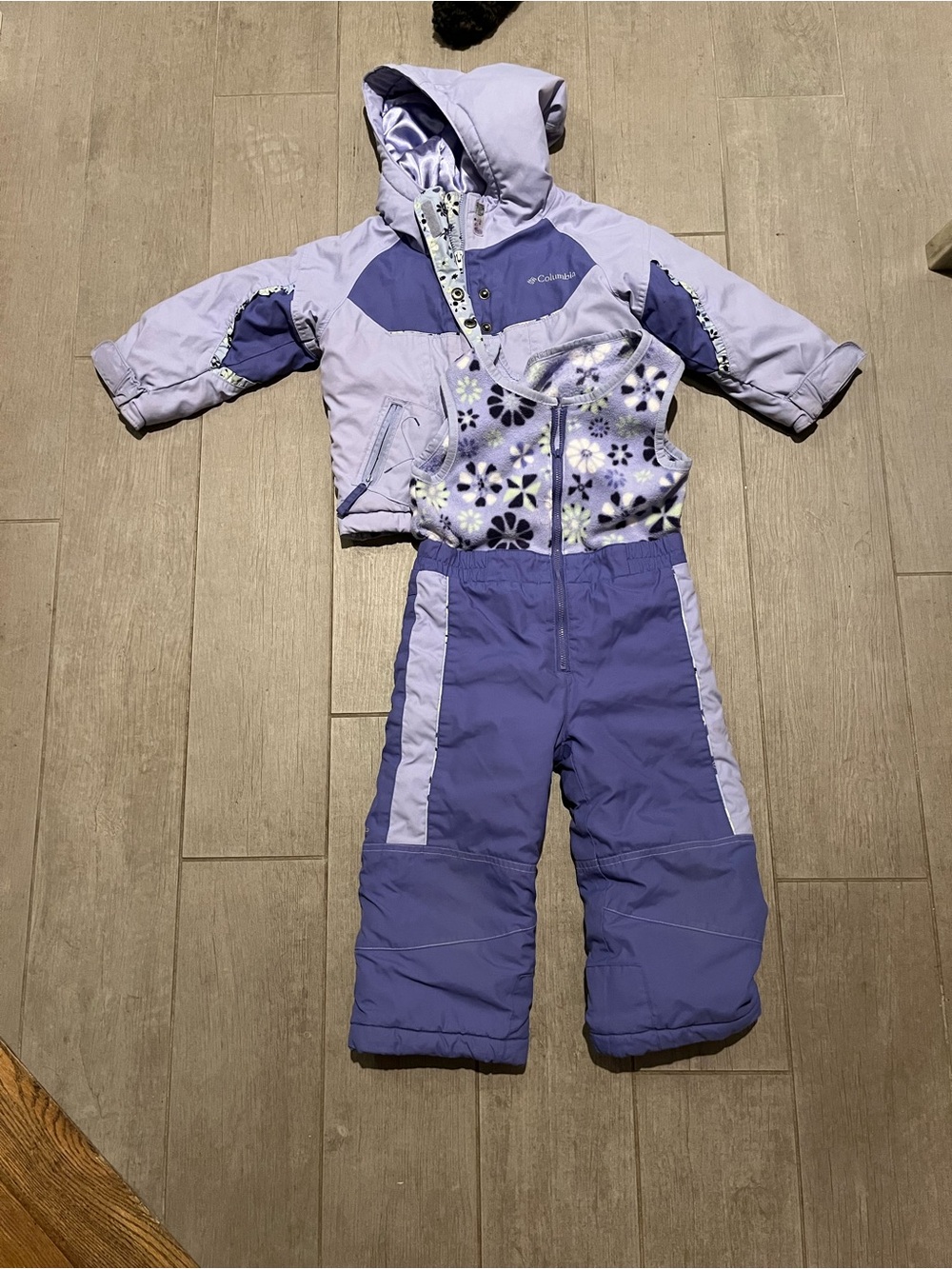 Kids Columbia bib overalls & jacket. Size 3t. Purple & lavender flower design
